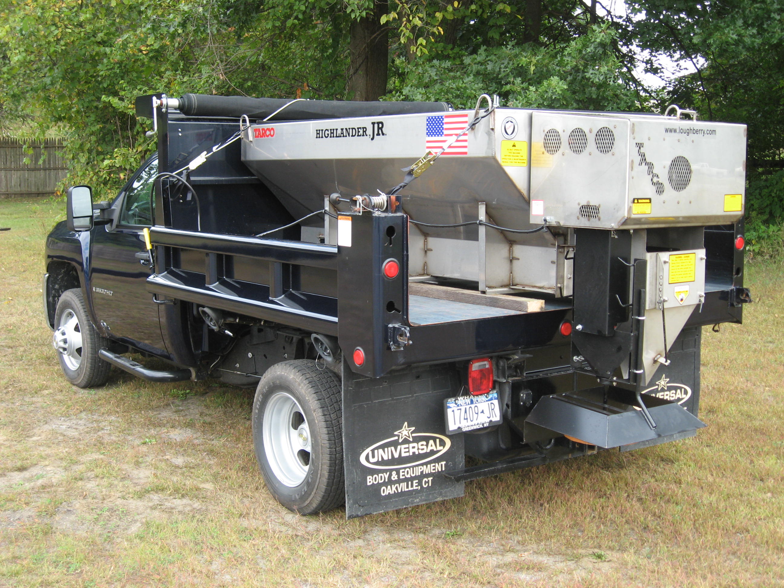 All season dump bodies, tire recycling machines, vacuum leaf loader boxes, salt and sand spreaders, v-box spreaders, and other municipal equipment manufactured by Loughberry Mfg. Corp. under the Tarco brand.